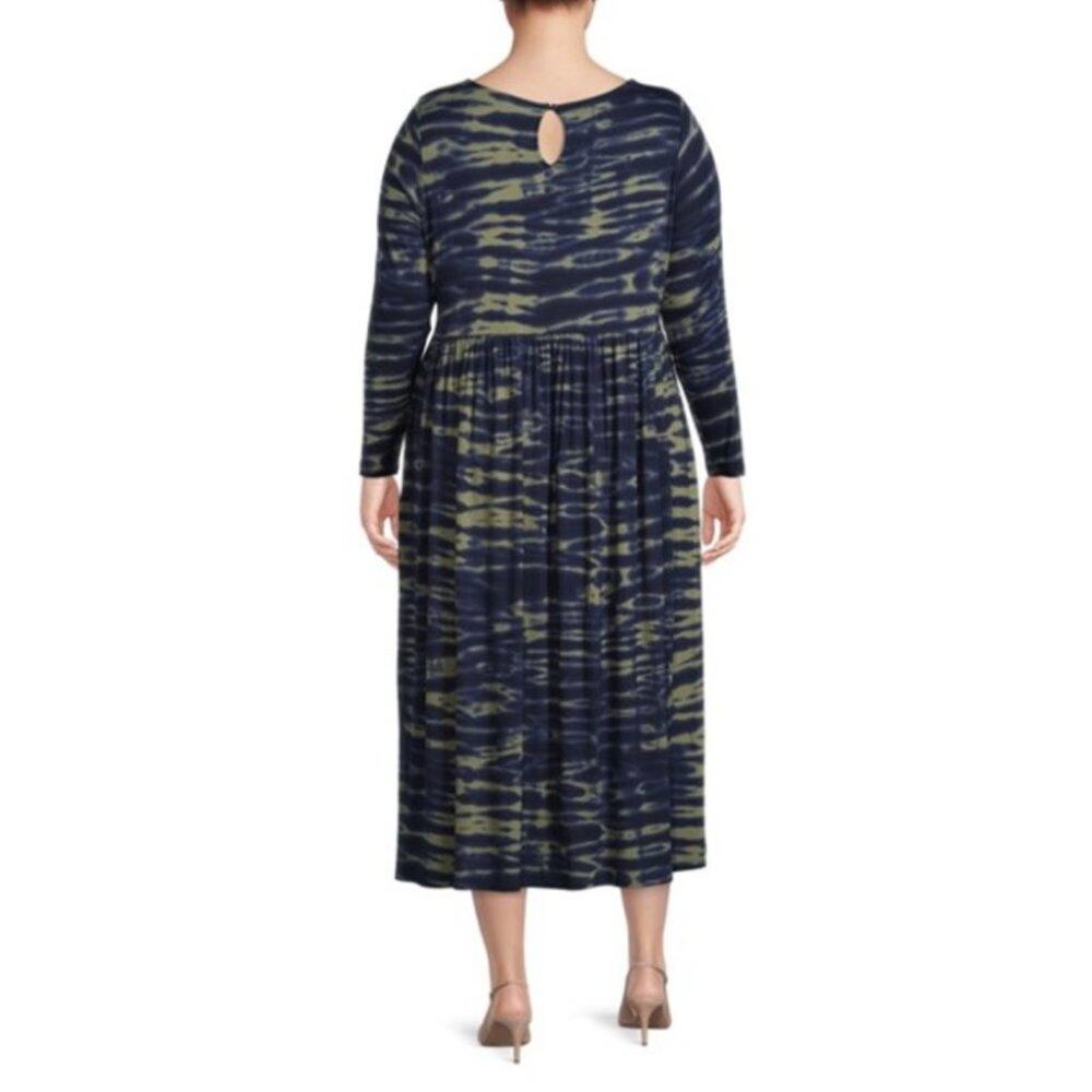 Terra & Sky Women's Plus Size Dark Blue Green Tie Dye Midi Dress 2X - Picture 2 of 5